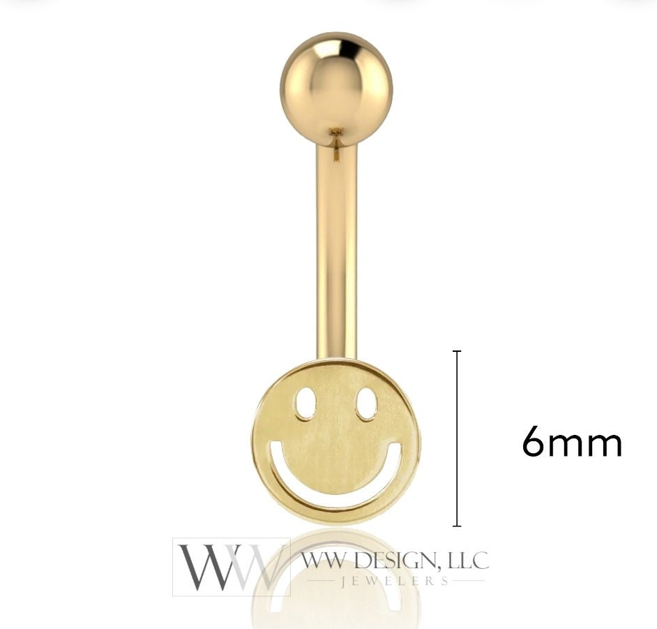 14k Gold Smiley Happy Face Belly Navel Ring CURVED Barbell Genuine 14k Gold (Yellow, White, or Rose) 14g, 16g, 18g Body Jewelry Eyebrow Ring