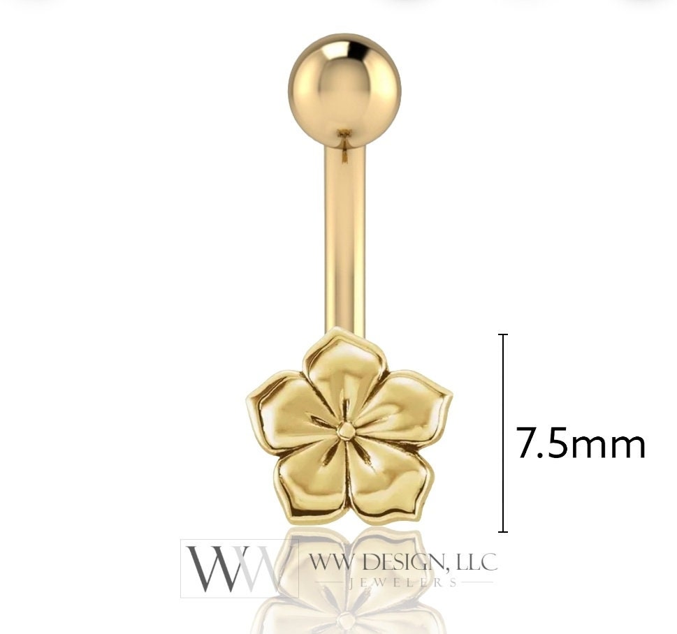 14k Gold Hibiscus Flower Belly Navel Ring CURVED Barbell Genuine 14k Gold (Yellow, White, or Rose) 14g, 16g, 18g Body Jewelry Eyebrow Hawaii