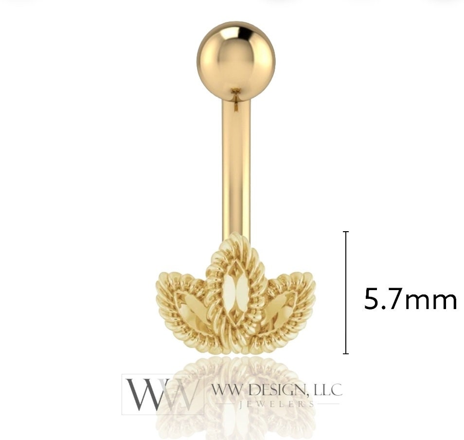 14k Gold Decorative Leaf Belly Navel Ring CURVED Barbell Genuine 14k Gold (Yellow, White, or Rose) 14g, 16g, 18g Body Jewelry Eyebrow