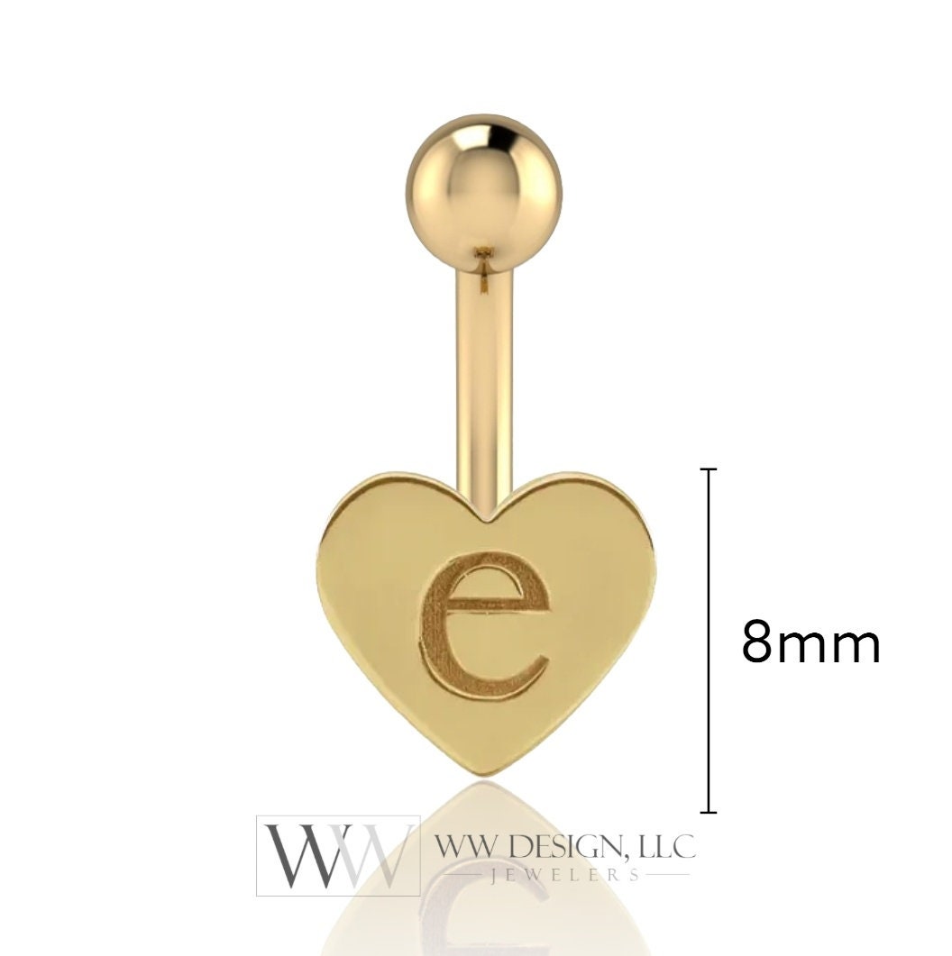 14k Gold Engravable Heart Belly Navel Ring CURVED Barbell Genuine 14k Gold (y w r) 14g, 16g 18g Body Jewelry Eyebrow Initial Letter Monogram