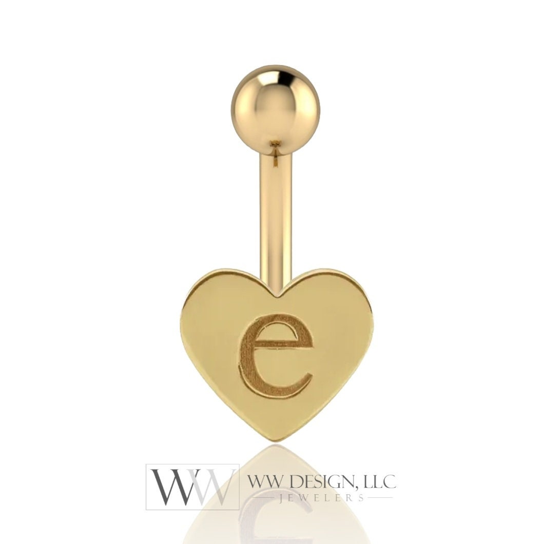 14k Gold Engravable Heart Belly Navel Ring CURVED Barbell Genuine 14k Gold (y w r) 14g, 16g 18g Body Jewelry Eyebrow Initial Letter Monogram