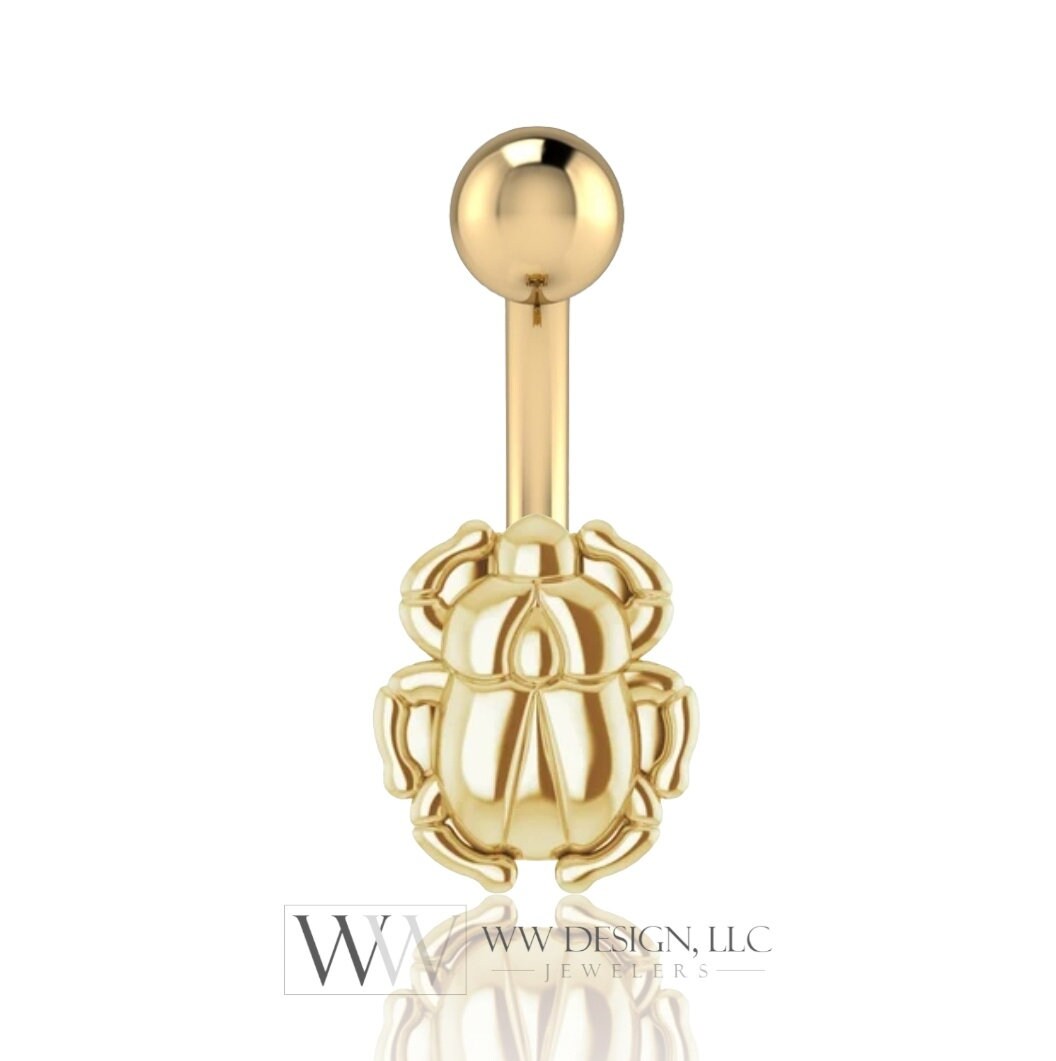 14k Gold Scarab Belly Navel Ring CURVED Barbell Genuine 14k Gold (Yellow, White, or Rose) 14g, 16g, 18g Body Jewelry Eyebrow