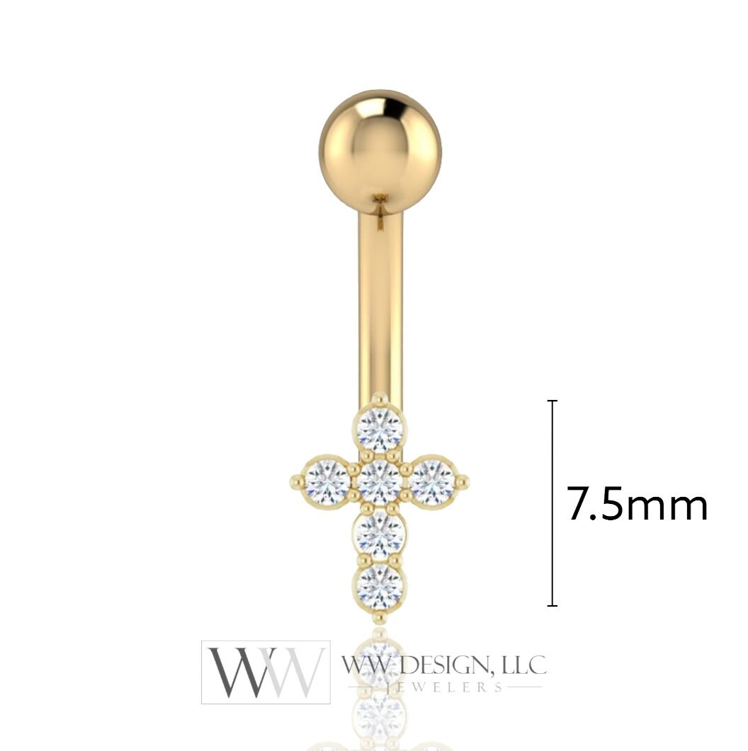 14k Gold Diamond Cross Belly Ring CURVED Barbell Genuine .08ctw Navel Ring Barbell 14k White SOLID Gold 14ga 16ga 18ga Eyebrow jewelry