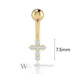 14k Gold Diamond Cross Belly Ring CURVED Barbell Genuine .08ctw Navel Ring Barbell 14k White SOLID Gold 14ga 16ga 18ga Eyebrow jewelry