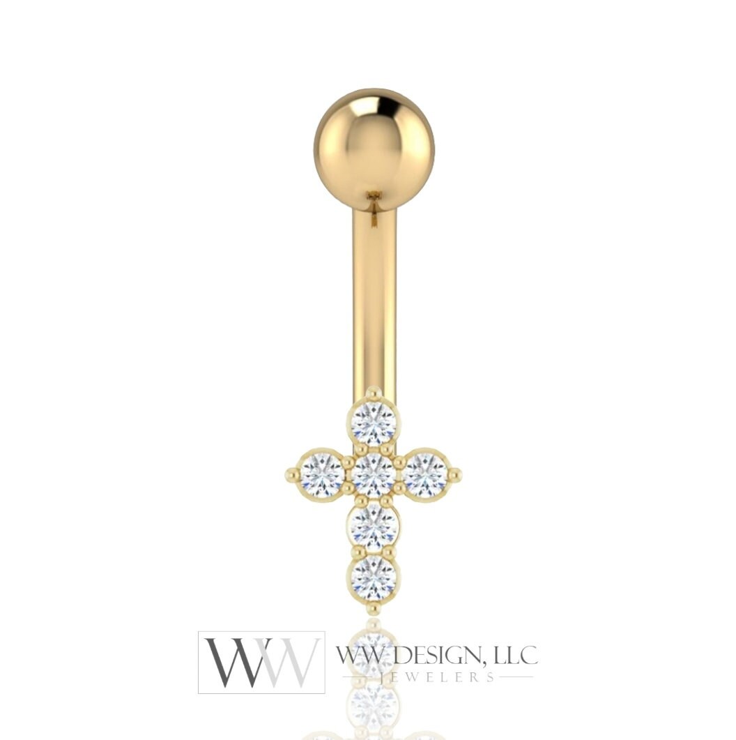 14k Gold Diamond Cross Belly Ring CURVED Barbell Genuine .08ctw Navel Ring Barbell 14k White SOLID Gold 14ga 16ga 18ga Eyebrow jewelry