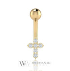 14k Gold Diamond Cross Belly Ring CURVED Barbell Genuine .08ctw Navel Ring Barbell 14k White SOLID Gold 14ga 16ga 18ga Eyebrow jewelry