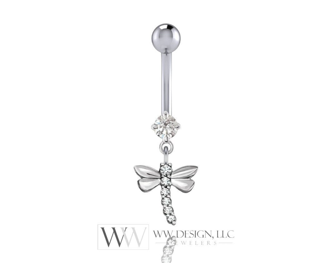 Dragonfly Diamond Belly Ring Barbell Genuine 0.14ctw Dangle Navel Ring CURVED Bar 14k Yellow White Rose Gold 14ga 16ga 18ga Eyebrow Jewerly