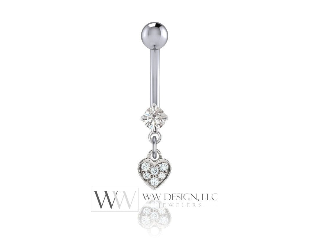 Diamond Heart Belly Ring Barbell Genuine 0.16ctw Dangle Navel Ring Curved Barbell 14k Yellow White Rose Gold 14ga 16ga 18ga Eyebrow jewerly