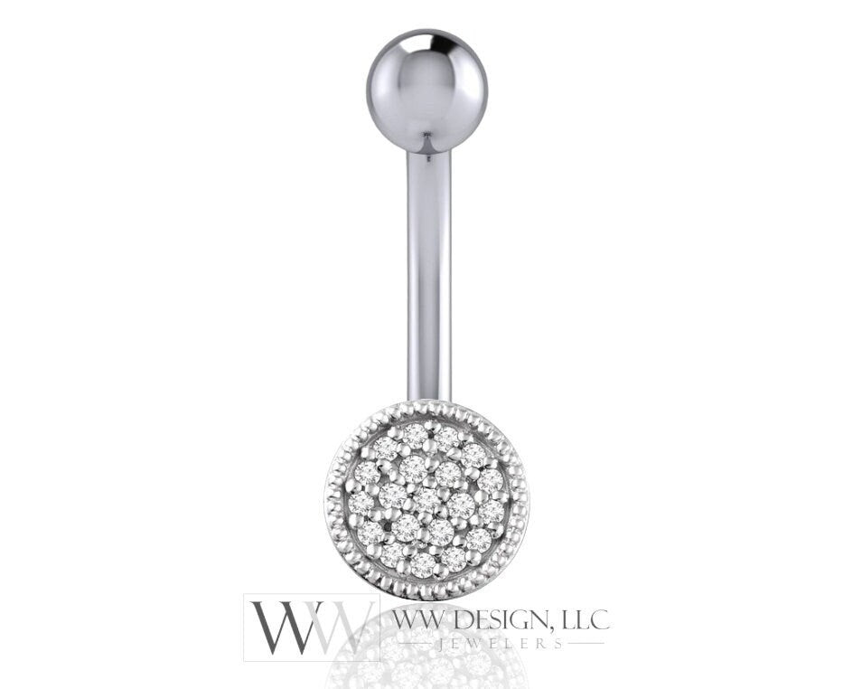Diamond Belly Ring CURVED Barbell Genuine 0.07ctw Navel Ring Barbell 14k White SOLID Gold 14ga 16ga 18ga Eyebrow summer jewelry
