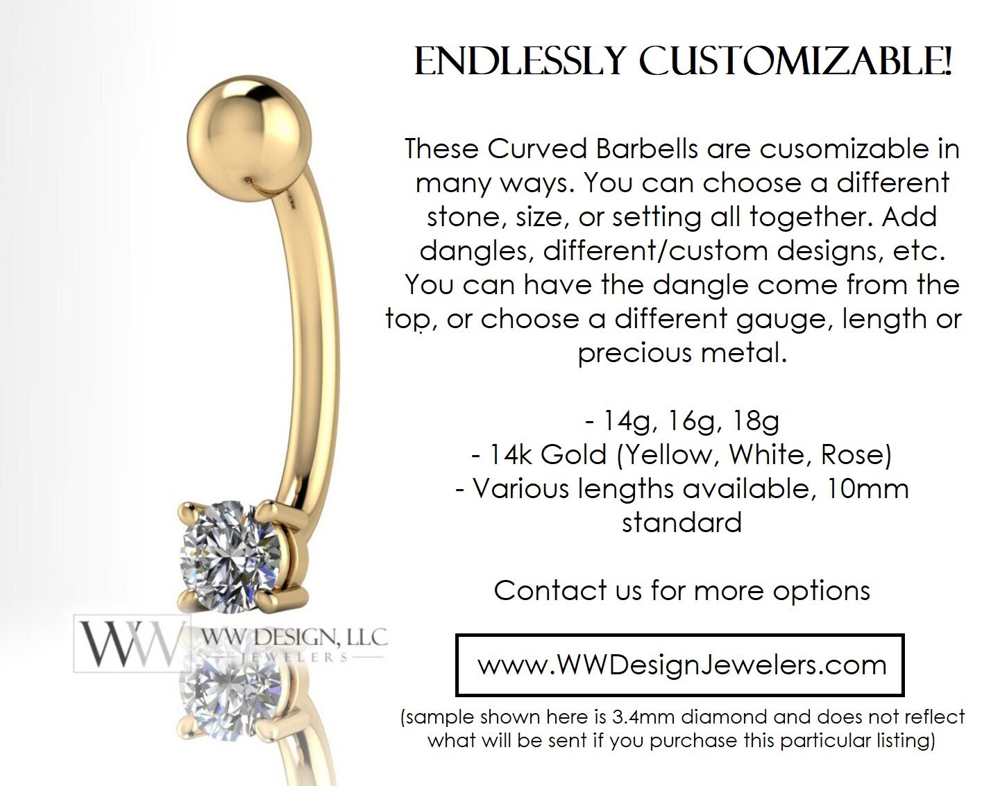 Diamond Belly Ring CURVED Barbell Genuine 0.07ctw Navel Ring Barbell 14k White SOLID Gold 14ga 16ga 18ga Eyebrow summer jewelry