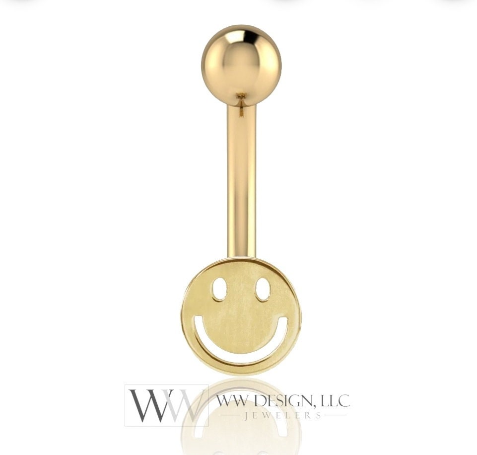 14k Gold Smiley Happy Face Belly Navel Ring CURVED Barbell Genuine 14k Gold (Yellow, White, or Rose) 14g, 16g, 18g Body Jewelry Eyebrow Ring