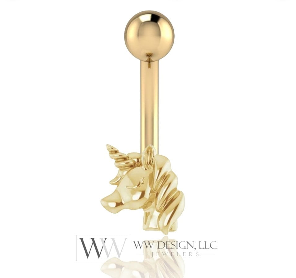 14k Gold Unicorn Belly Navel Ring CURVED Barbell Genuine 14k Gold (Yellow, White, or Rose) 14g, 16g, 18g Body Jewelry Eyebrow Ring