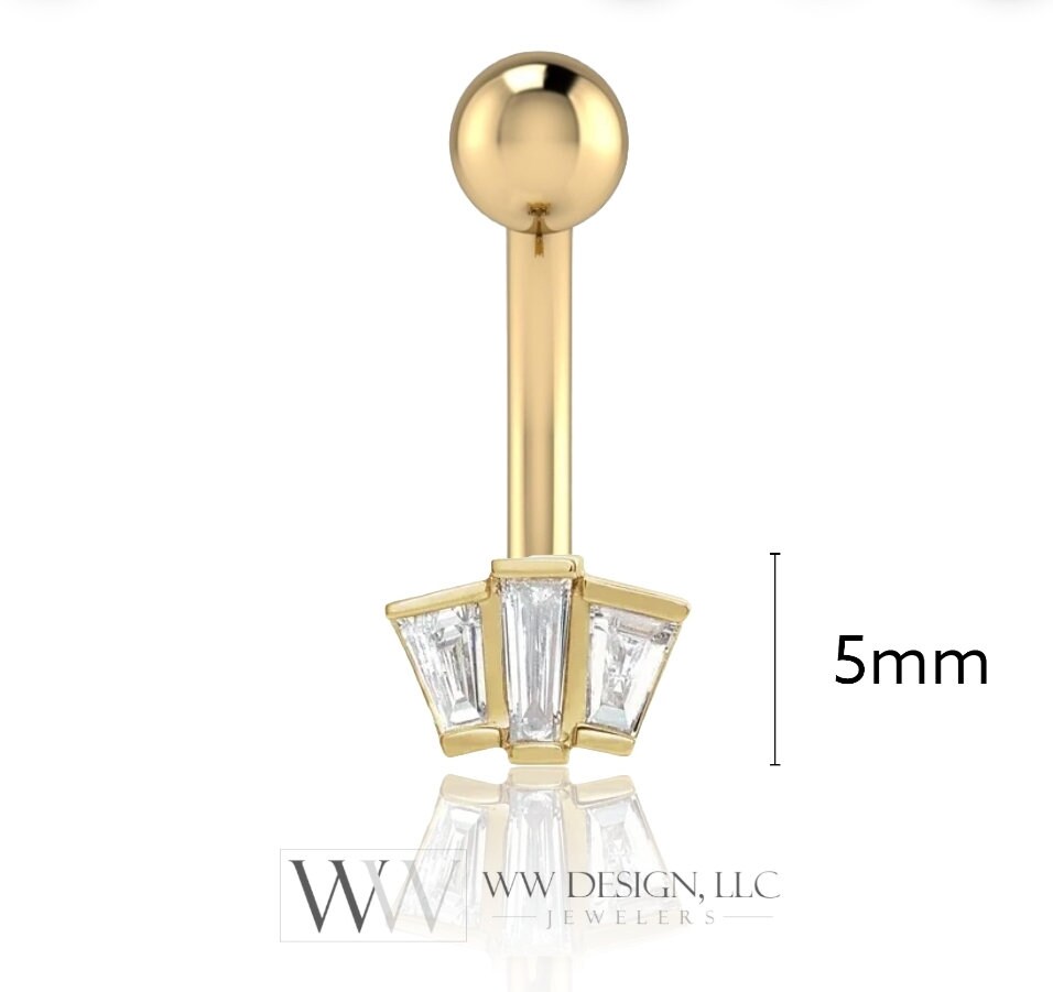 Diamond Belly Ring Barbell Genuine .16ctw Geometric Trio Navel Ring Curved Barbell 14k Yellow White Rose Gold 14ga 16ga 18ga Eyebrow jewerly