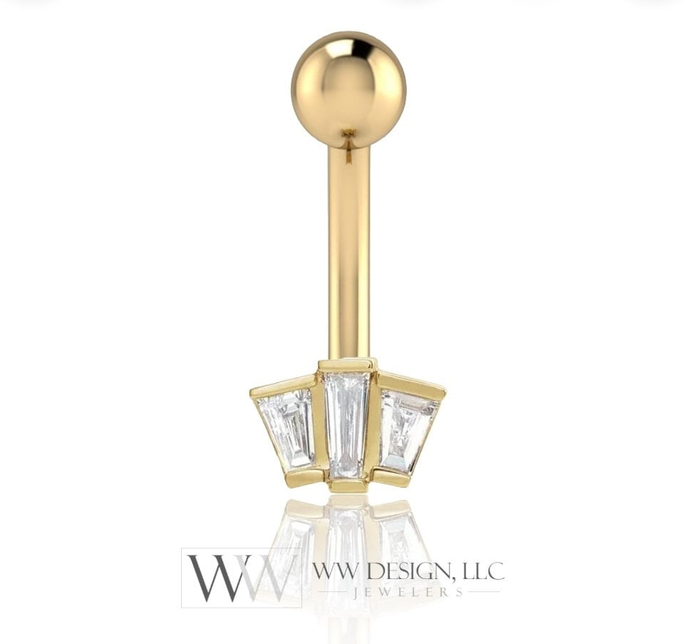 Diamond Belly Ring Barbell Genuine .16ctw Geometric Trio Navel Ring Curved Barbell 14k Yellow White Rose Gold 14ga 16ga 18ga Eyebrow jewerly