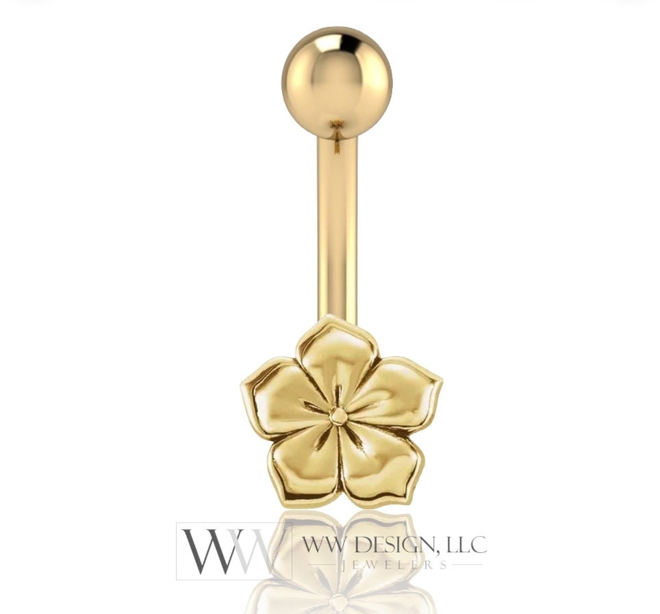 14k Gold Hibiscus Flower Belly Navel Ring CURVED Barbell Genuine 14k Gold (Yellow, White, or Rose) 14g, 16g, 18g Body Jewelry Eyebrow Hawaii