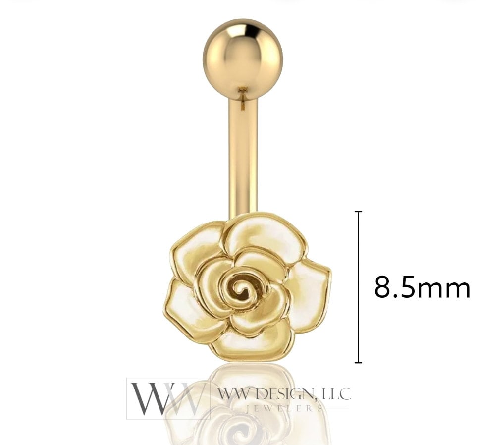 14k Gold Rose Flower Belly Navel Ring CURVED Barbell Genuine 14k Gold (Yellow, White, or Rose) 14g, 16g, 18g Body Jewelry Eyebrow