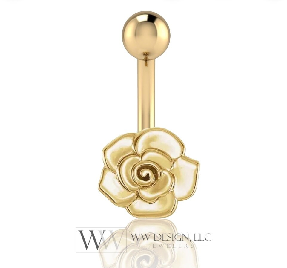 14k Gold Rose Flower Belly Navel Ring CURVED Barbell Genuine 14k Gold (Yellow, White, or Rose) 14g, 16g, 18g Body Jewelry Eyebrow