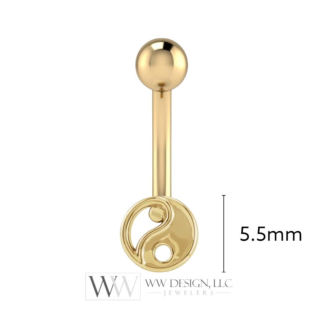 14k Gold Yin Yang Belly Navel Ring CURVED Barbell Genuine 14k Gold (Yellow, White, or Rose) 14g, 16g, 18g Body Jewelry Eyebrow Ring Disk