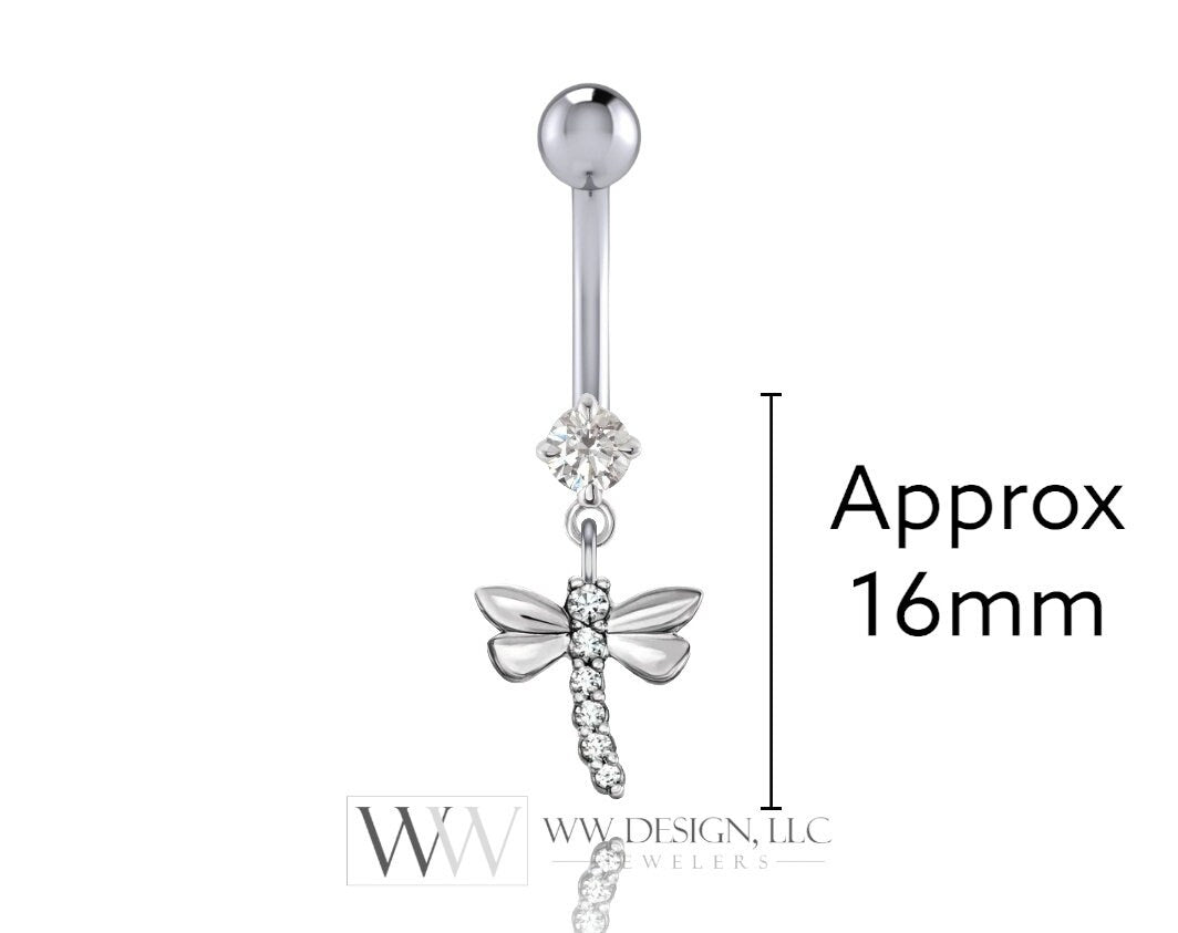 Dragonfly Diamond Belly Ring Barbell Genuine 0.14ctw Dangle Navel Ring CURVED Bar 14k Yellow White Rose Gold 14ga 16ga 18ga Eyebrow Jewerly