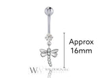 Dragonfly Diamond Belly Ring Barbell Genuine 0.14ctw Dangle Navel Ring CURVED Bar 14k Yellow White Rose Gold 14ga 16ga 18ga Eyebrow Jewerly