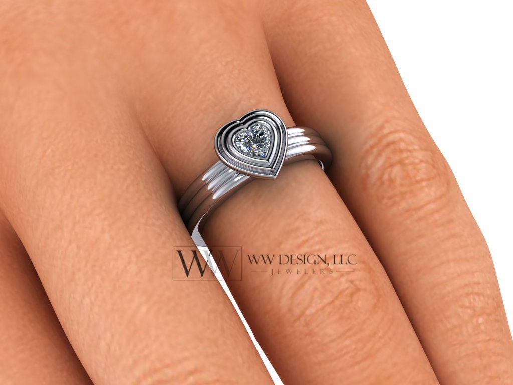 Genuine Diamond Heart Bubble Ring 0.25Ct Vs F-H Engagement - 14K 18K Gold (Y R W) Platinum Rings