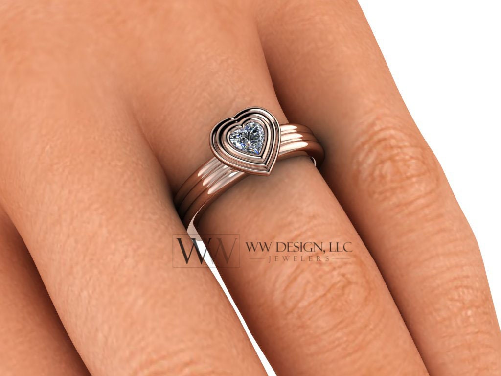 Genuine Diamond Heart Bubble Ring 0.25Ct Vs F-H Engagement - 14K 18K Gold (Y R W) Platinum Rings