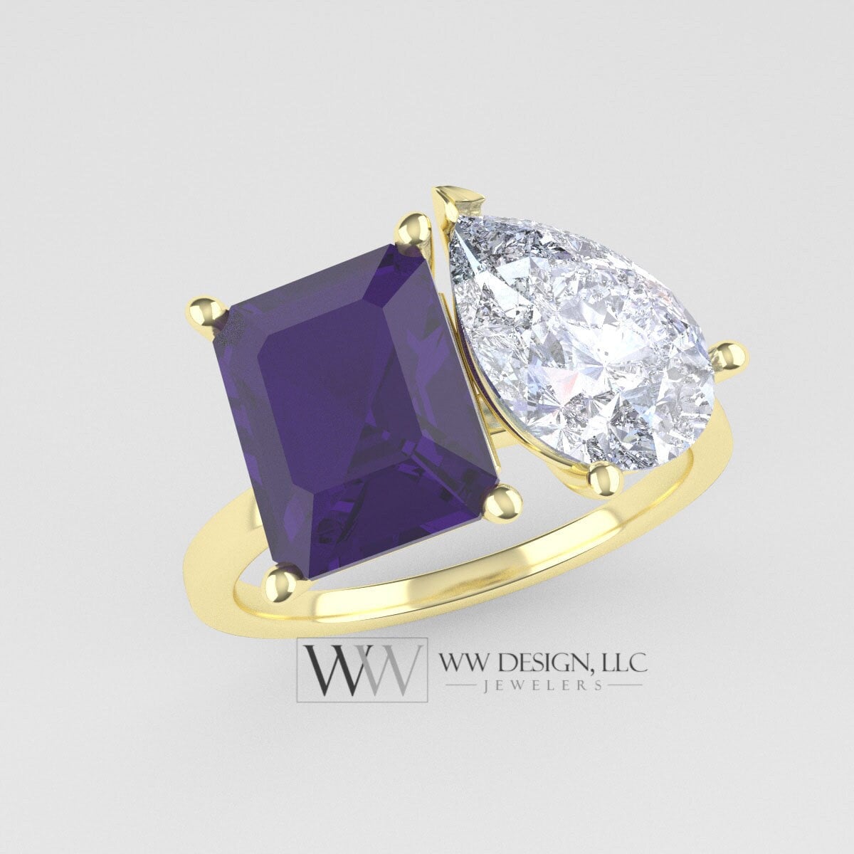 Amethyst & Moissanite 2 Stone Moi Et Toi Ring - 18K Or 14K Gold (Y W R) Platinum Rings