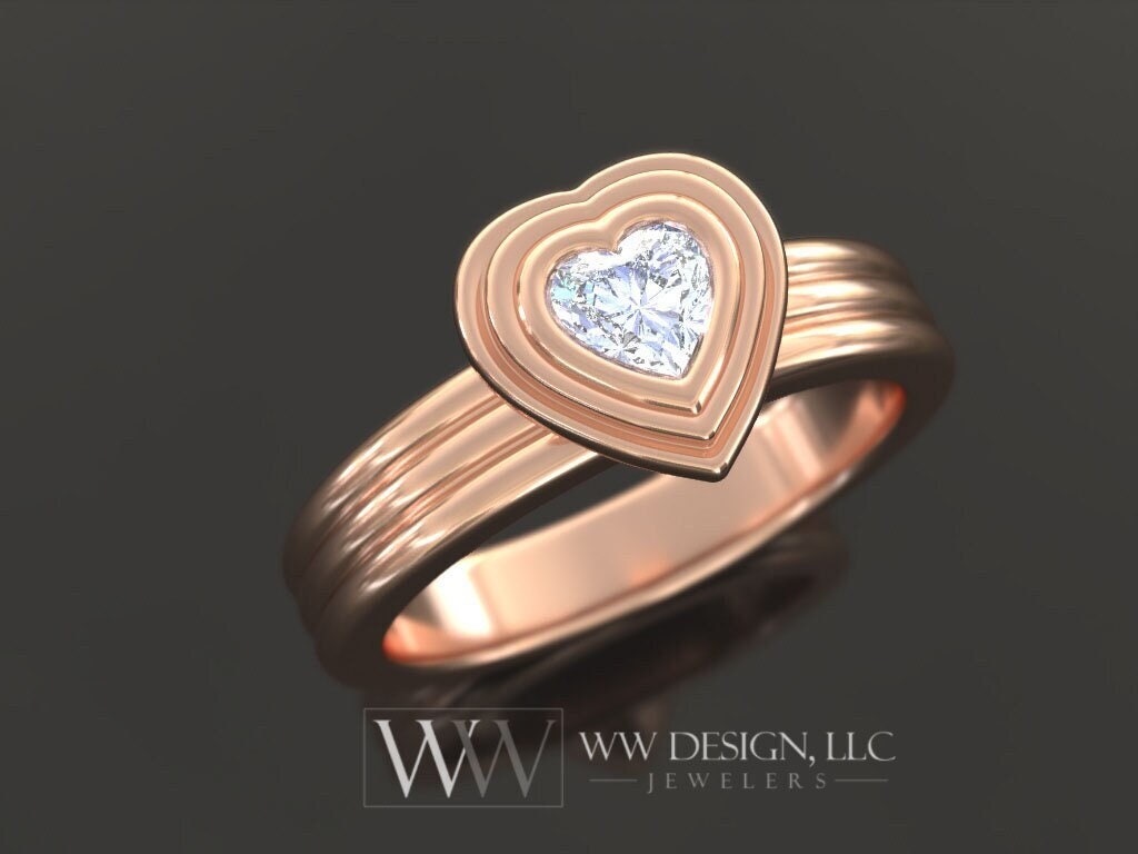 Genuine Diamond Heart Bubble Ring 0.25Ct Vs F-H Engagement - 14K 18K Gold (Y R W) Platinum Rings