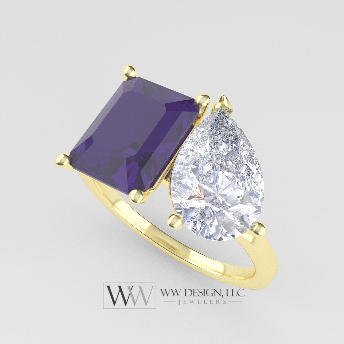 Amethyst & Moissanite 2 Stone Moi Et Toi Ring - 18K Or 14K Gold (Y W R) Platinum Rings