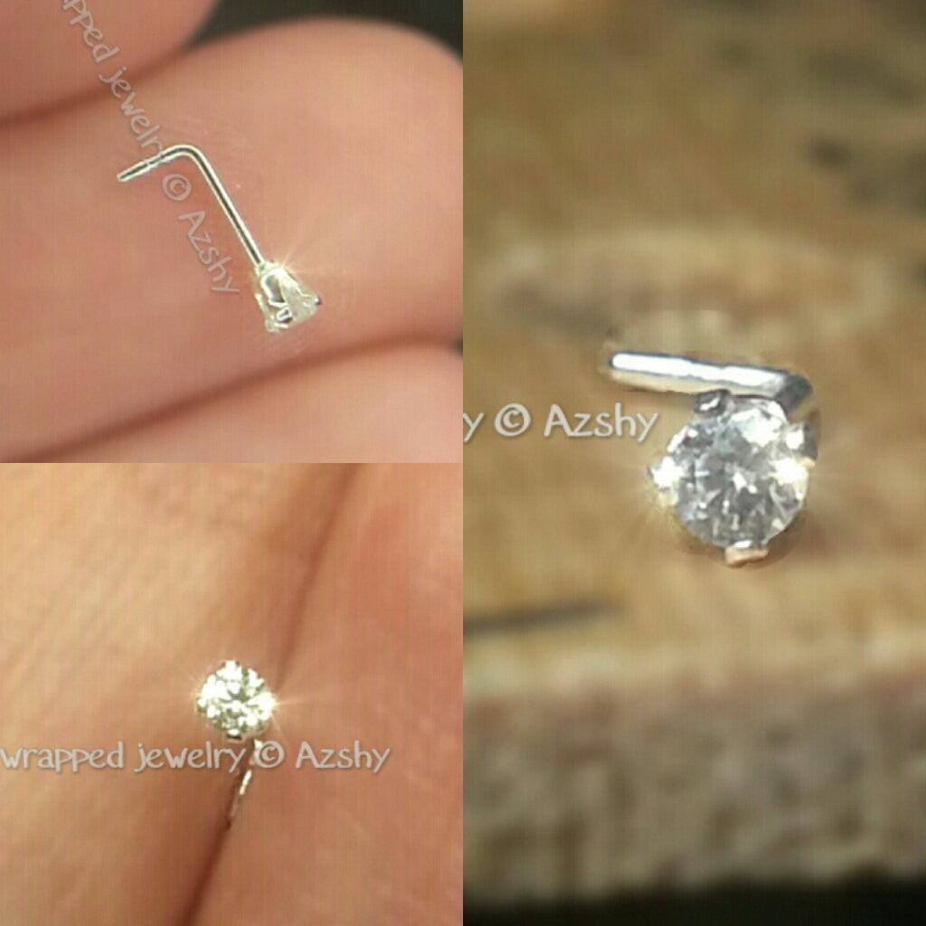 Nose Stud MOISSANITE Diamond 2mm -Post w/ 14k Solid Gold or Gold Filled, or Sterling Silver L-Post - Helix Tragus Lobe Lip Cartilage Sparkly