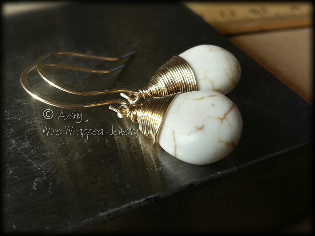 Elegant 14k Gold Wire Wrapped White Turquoise Tear Drop Earrings - Yellow, Pink, or White Solid or Gold Filled