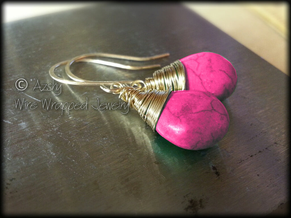 Elegant 14k Gold Wire Wrapped Hot Pink Turquoise Tear Drop Earrings - Yellow, Pink, or White Solid or Gold Filled
