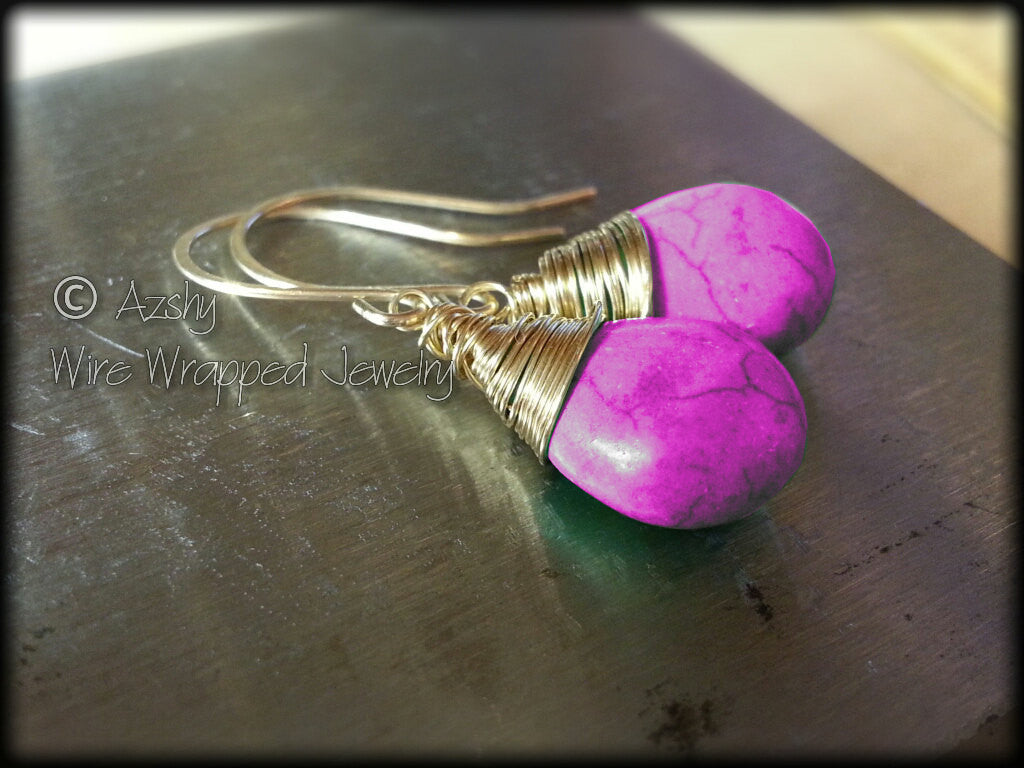 Elegant 14k Gold Wire Wrapped Purple Fuchsia Turquoise Tear Drop Earrings - Yellow, Pink, or White Solid or Gold Filled