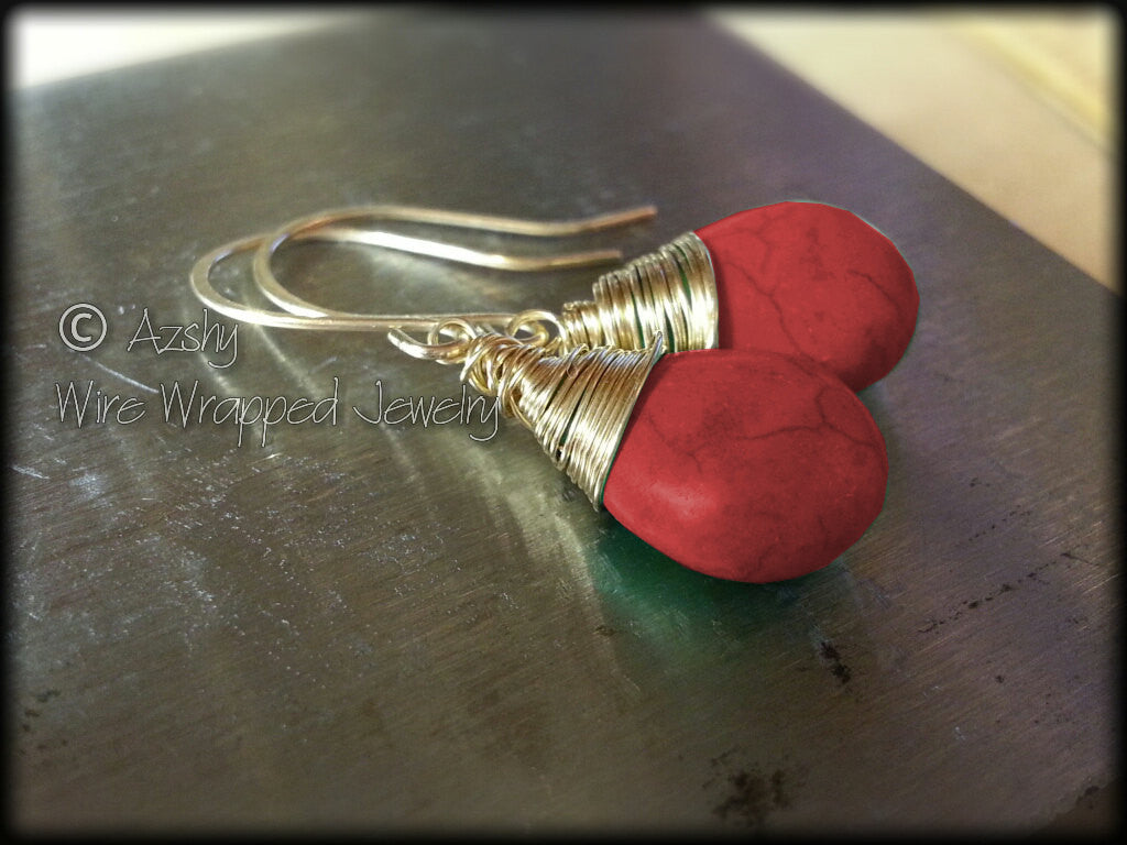 Elegant 14k Gold Wire Wrapped Red Turquoise Tear Drop Earrings - Yellow, Pink, or White Solid or Gold Filled