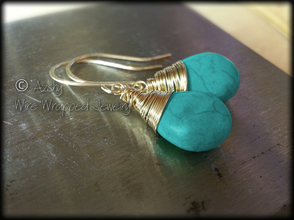 Elegant 14k Gold Wire Wrapped Turquoise Tear Drop Earrings - Yellow, Pink, or White Solid or Gold Filled