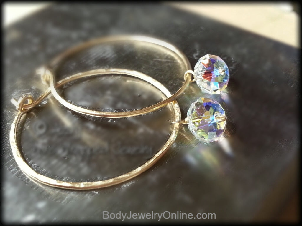 Elegant Hammered 14k Gold Hoop Earrings w/ Swarovski Crystal - Yellow, Pink, or White Solid or Gold Filled or Sterling Silver or Fine Silver