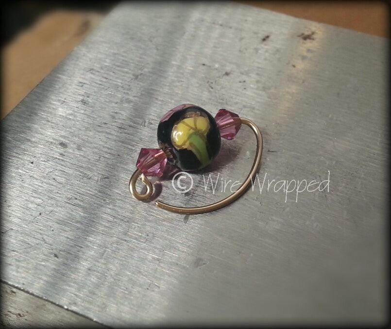 Navel Belly Ring Hoop Black Ceramic Flower Bead w/ Swarovski Crystal Solid / Fill 14k Yellow, Pink, White Gold, Sterling Silver, 20 gauge