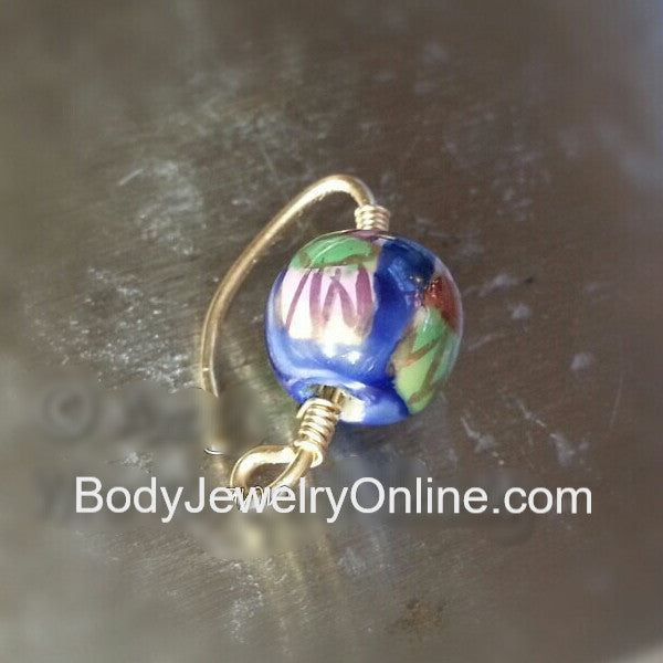 Navel Belly Ring Hoop - Blue Ceramic Flower Bead - Solid / Fill 14k Yellow, Pink, White Gold, Sterling Silver, 20 gauge 20g