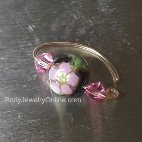 Navel Belly Ring Hoop Black Ceramic Flower Bead w/ Swarovski Crystal Solid / Fill 14k Yellow, Pink, White Gold, Sterling Silver, 20 gauge