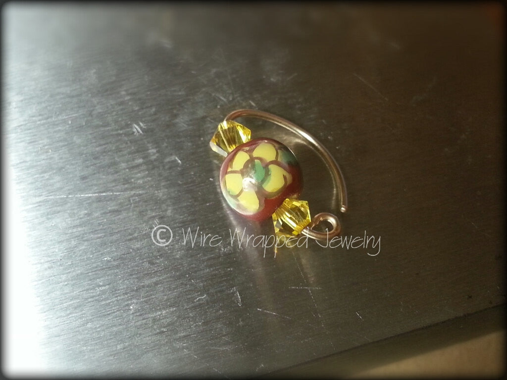 Navel Belly Ring Hoop Black Ceramic Flower Bead w/ Swarovski Crystal Solid / Fill 14k Yellow, Pink, White Gold, Sterling Silver, 20 gauge