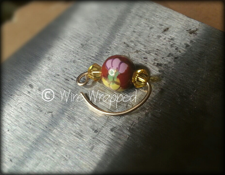 Navel Belly Ring Hoop w/ Red Ceramic Flower Bead w/ Swarovski Crystal - Solid / Fill 14k Yellow, Pink, White Gold, Sterling Silver, 20 gauge