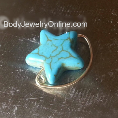 Navel Belly Ring Hoop - Turquoise Star - Solid / Fill 14k Yellow, Pink, White Gold, Sterling Silver, 20 gauge 20g