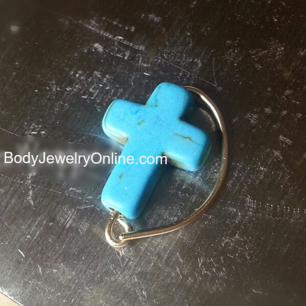 Navel Belly Ring Hoop - Turquoise Cross - Solid / Fill 14k Yellow, Pink, White Gold, Sterling Silver, 20 gauge 20g