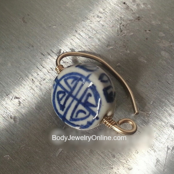Navel Belly Ring Hoop - Ceramic Lentil Painted Blue Bead - Solid / Fill 14k Yellow, Pink, White Gold, Sterling Silver, 20 gauge 20g