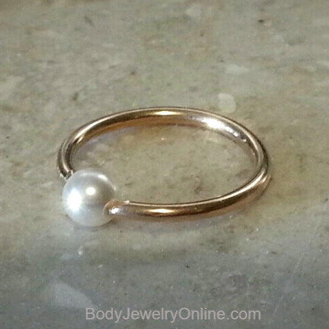 Captive Bead Ring w/ Swarovski Small Pearl - 14 ga Hoop - 14k Gold (Y, W, or R), Sterling Silver, or Platinum