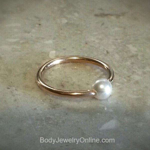 4mm Freshwater Pearl Captive Bead Ring - 14ga Hoop  - 14k Gold (Y, W, or R), Sterling Silver, or Platinum