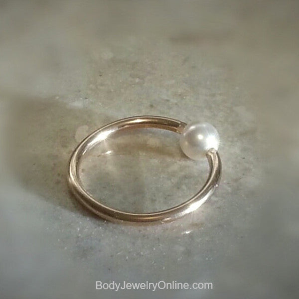 Freshwater Pearl Captive Bead Ring - 16 ga Hoop - 14k Gold (Y, W, or R), Sterling Silver, or Platinum