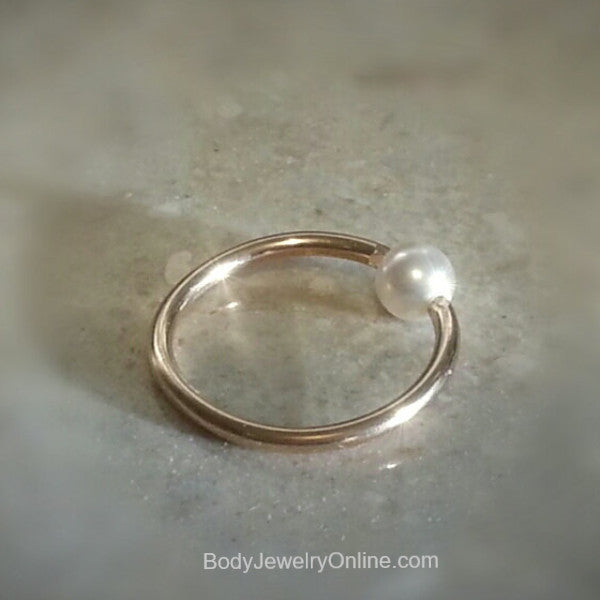 4mm Freshwater Pearl Captive Bead Ring - 14ga Hoop  - 14k Gold (Y, W, or R), Sterling Silver, or Platinum