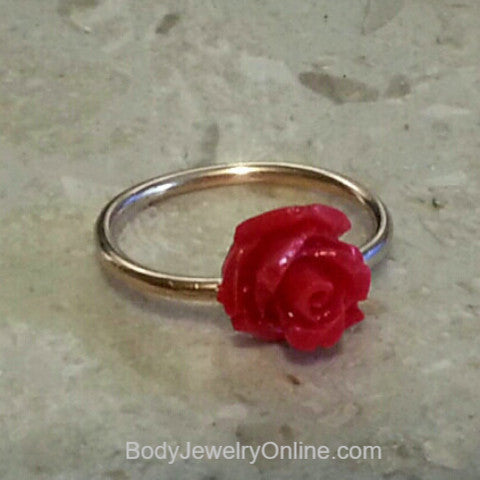 ROSE Captive Bead Red Rose Navel Belly Ring Hoop VARIETY 16 gauge 16g- 14k Yellow, Rose, or White Gold Filled, or Sterling Silver Valentines