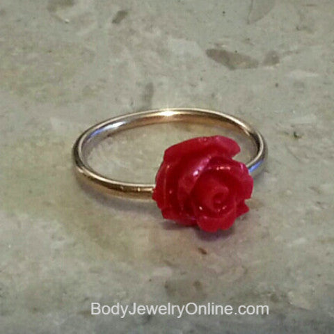 ROSE Captive Bead Red Rose Navel Belly Ring Hoop VARIETY 14 gauge 14g- 14k Yellow, Rose, or White Gold Filled, or Sterling Silver Valentines